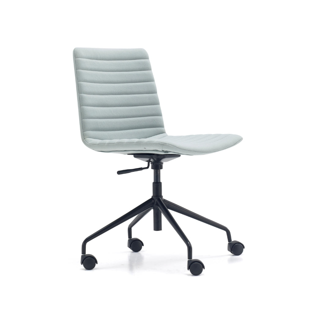 pale blue ribbed fabric meeting chair black base with wheels